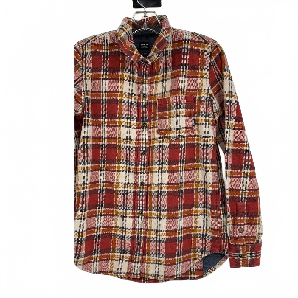 Prana Red/Orange Plaid Long Sleeved Button Up | Men XS Regular